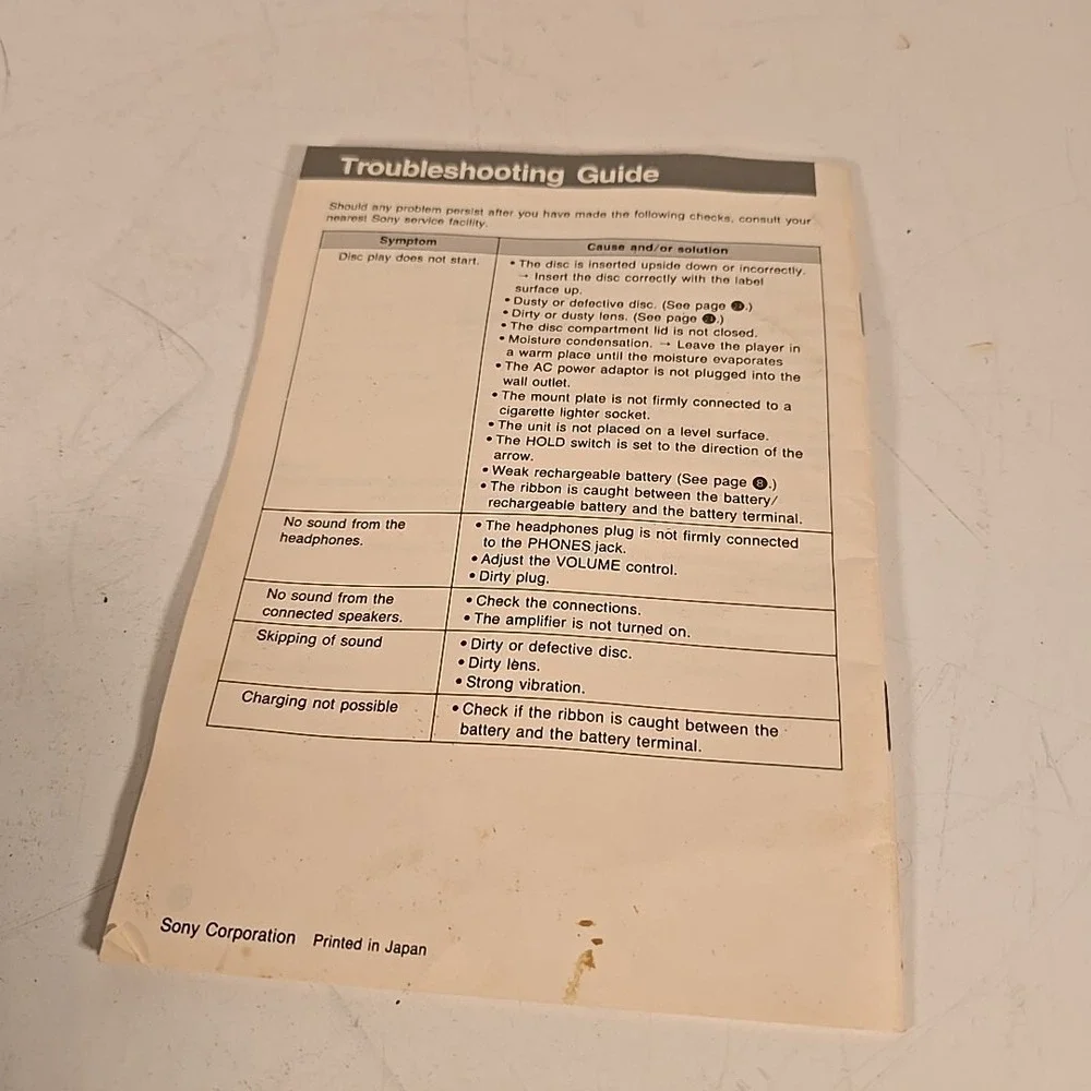 Operating Instructions only for Sony D-101 Discman Personal CD‎ Player
